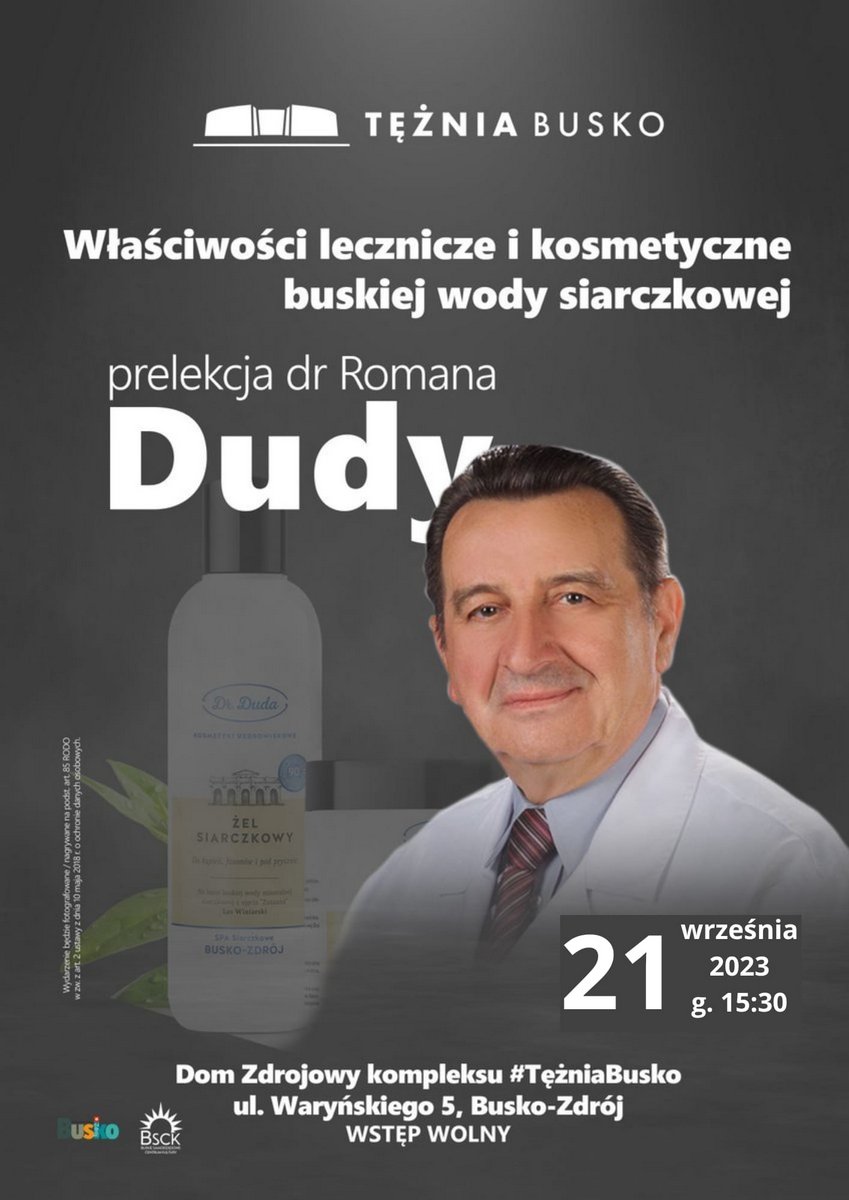 plakat promujący prelekcję dra Dudy, przedstawia prelegenta oraz produkty kosmetyczne w tle