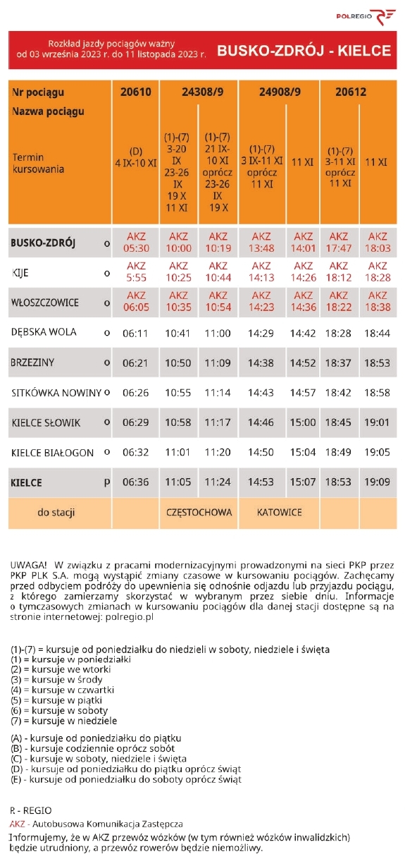 rozklad jazdy Busko Kielce od 03.09 do 11.11