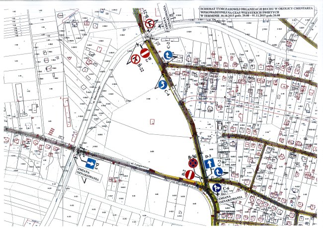 Schemat organizacji ruchu w okolicy cmentarza parafialnego w Busku-Zdroju w dniach 30.10.2015 (od godz. 20.00) do 1.11.2015 (do godz. 20.00).