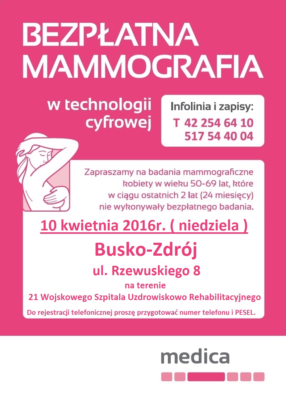 Zapraszamy na bezpłatne badania mammograficzne. 