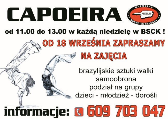 Buskie Samorządowe Centrum Kultury oraz Fundacja Sport i Zdrowie zapraszają na cykl zajęć brazylijskiej sztuki walki CAPOEIRA. 