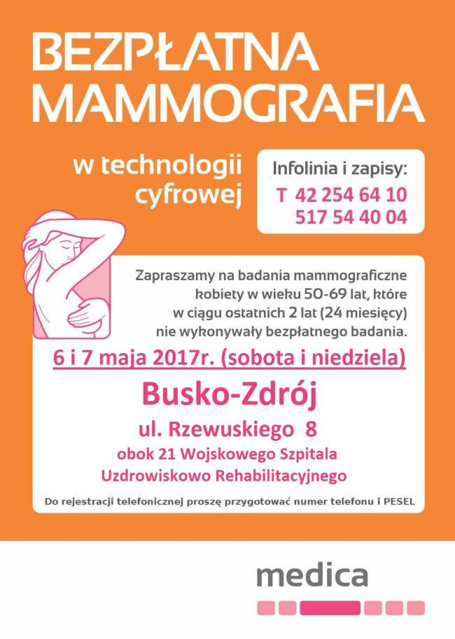 Zapraszamy na bezpłatne badania mammograficzne