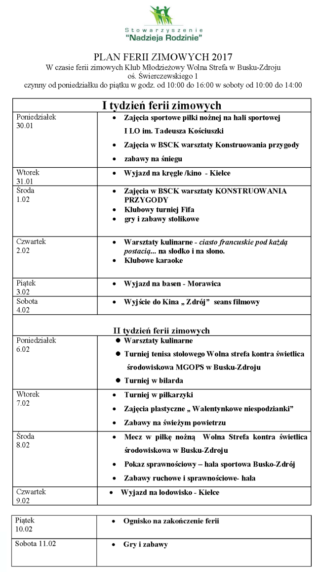 PlanFerii ZimowychKlubMlodziezowy w Busku-Zdroj Strona 1