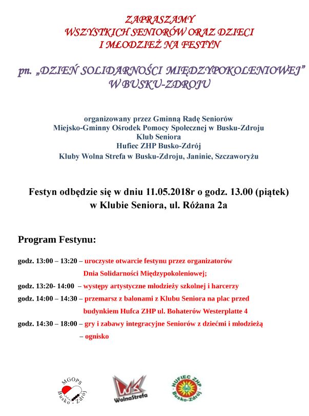 Zapraszamy wszystkich seniorów oraz dzieci i młodzież na festyn pn. „Dzień Solidarności Międzypokoleniowej” w Busku-Zdroju