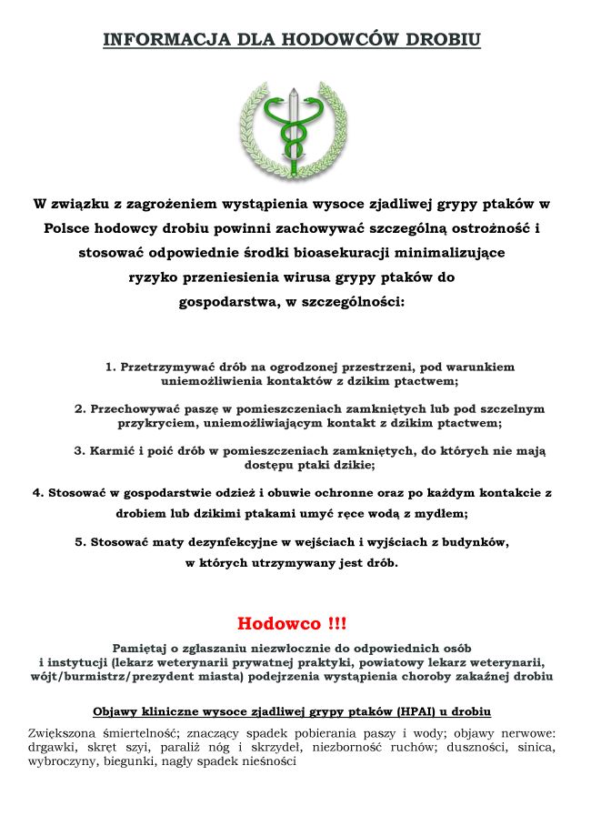 INFORMACJA DLA HODOWCÓW DROBIU