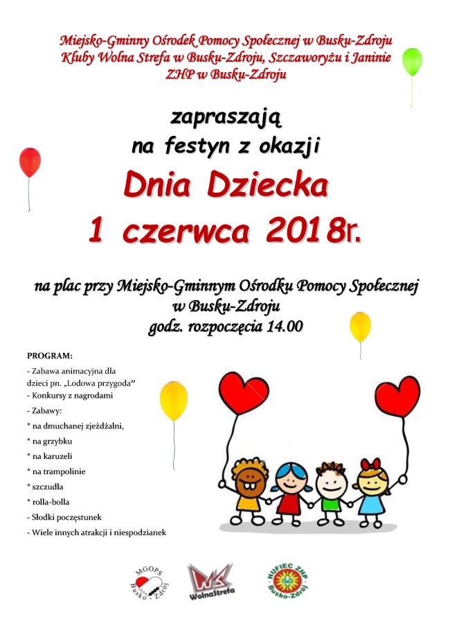 Zapraszamy na festyn z okazji Dnia Dziecka 1 czerwca 2018r. na plac przy Miejsko-Gminnym Ośrodku Pomocy Społecznej w Busku-Zdroju