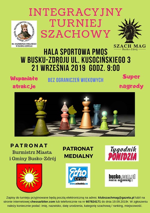 21 września o godz. 9:00 zapraszamy do Hali Sportowej PMOS w Busku-Zdroju na Integracyjny Turniej Szachowy