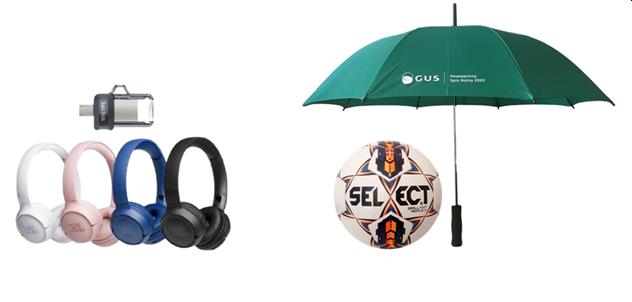Zestaw nagród: słuchawki JBL oraz pendrive, a kolejne czternaście - parasol automatyczny i piłkę do piłki nożnej.