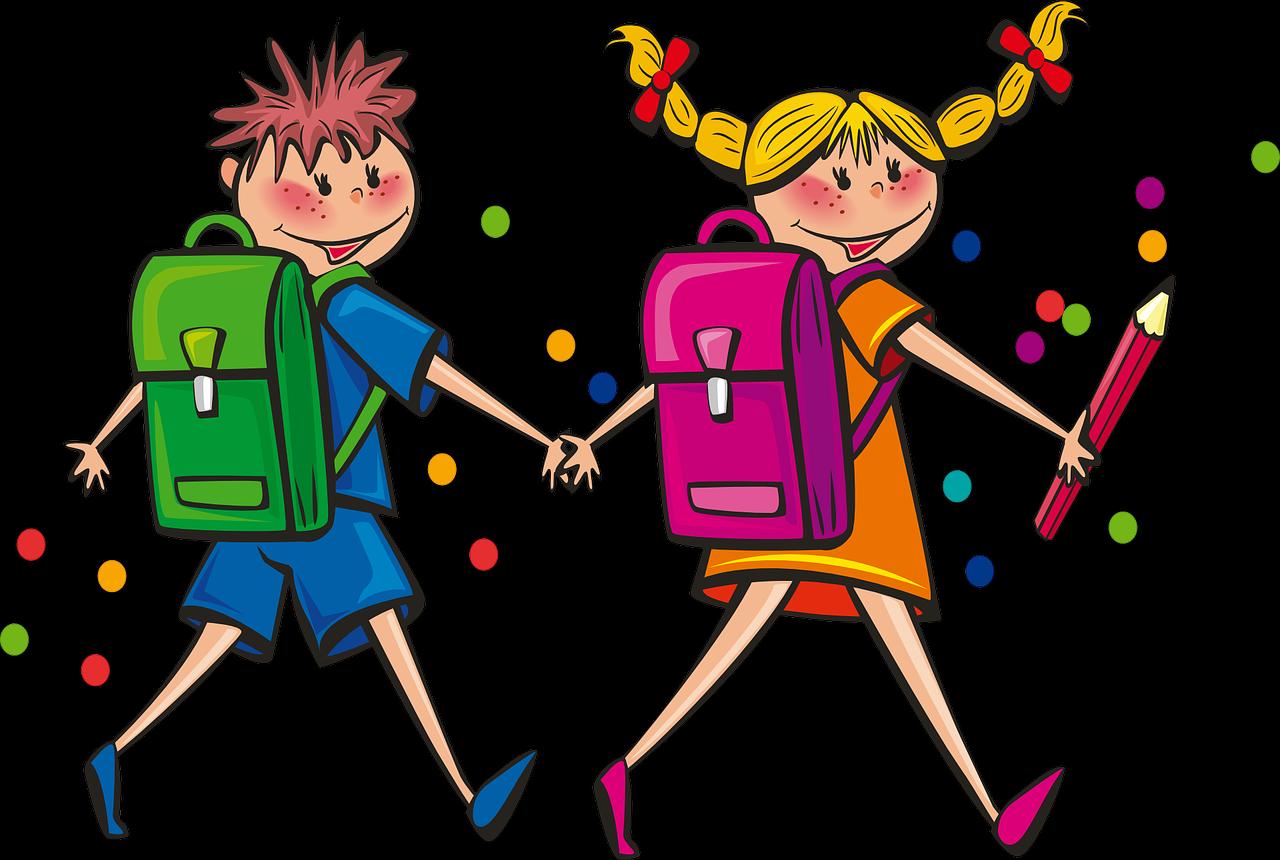 Dzieci z plecakami idące do szkoły