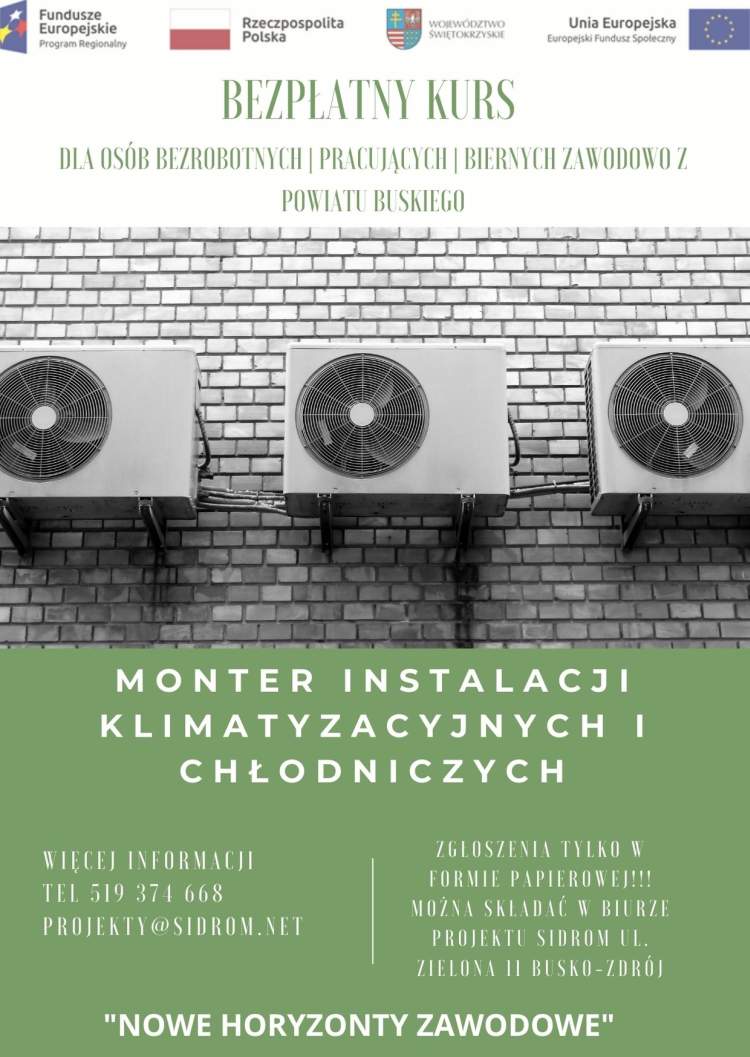 Zapisz się już dziś na bezpłatny kurs zawodowy  MONTER INSTALACJI KLIMATYZACYJNYCH I CHŁODNICZYCH