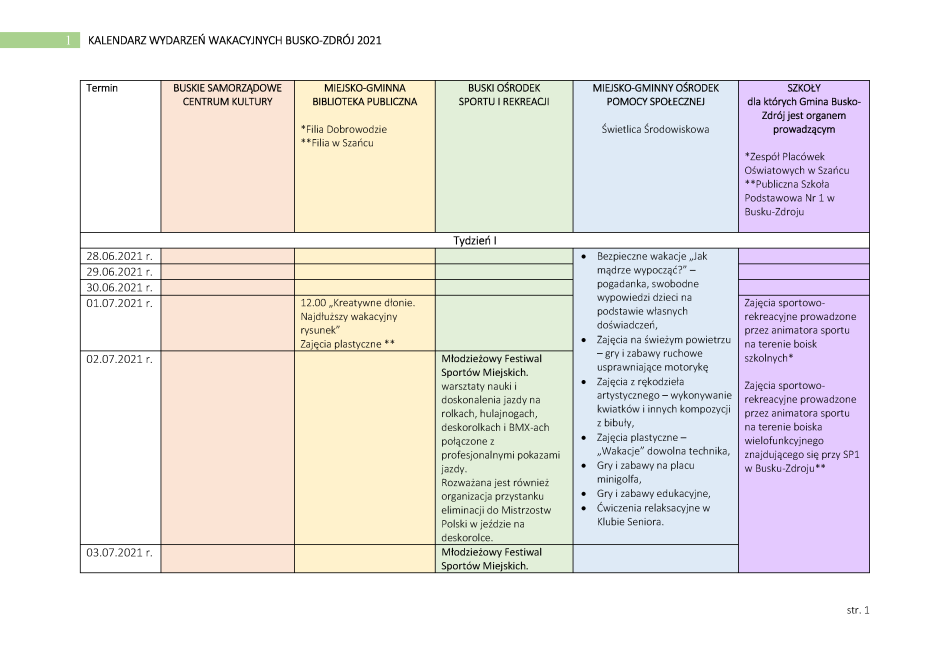 KALENDARZ WYDARZEŃ WAKACYJNYCH BUSKO-ZDRÓJ 2021