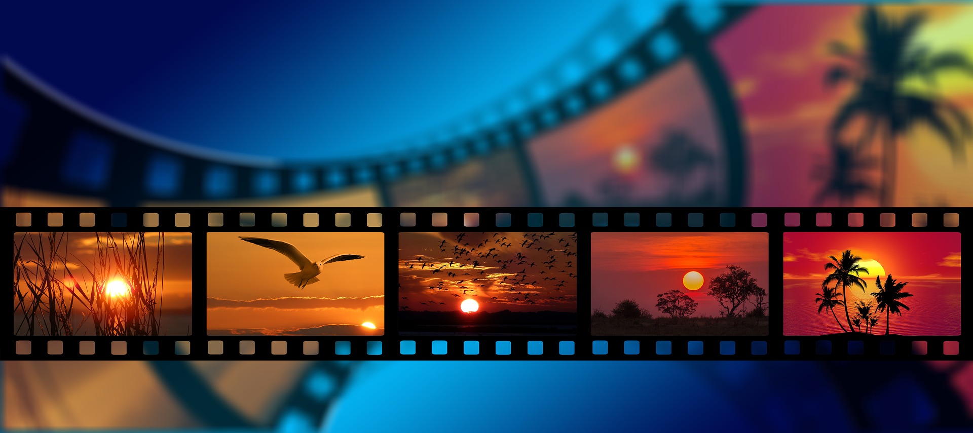 Zdjęcie przedstawia kolorowe kadry taśmy filmowej z malowniczymi ujęciami przyrody. Grafika pochodzi z serwisu Pixabay