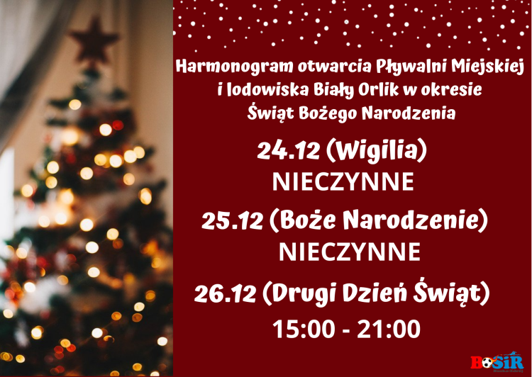 Grafika zawiera informacje o tym, kiedy w okresie świątecznym czynne będą pływalnia oraz lodowisko w Busku-Zdroju