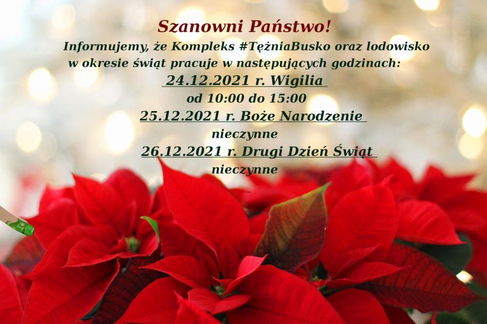 Grafika zawiera informację o godzinach otwarcia Kompleksu #TężniaBusko wraz z lodowiskiem w okresie Świąt Bożego Narodzenia 2021