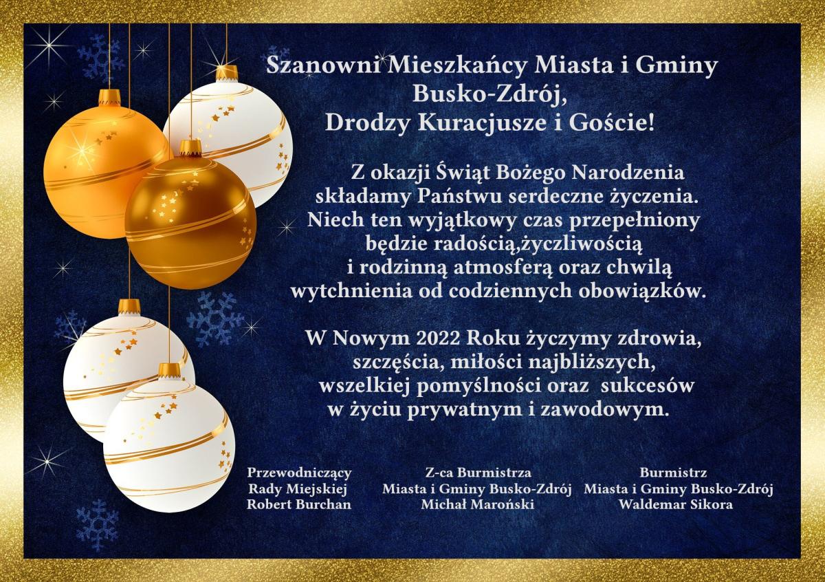 Świąteczne Życzenia dla Mieszkańców, Gości i Kuracjuszy Miasta i Gminy Busko-Zdrój
