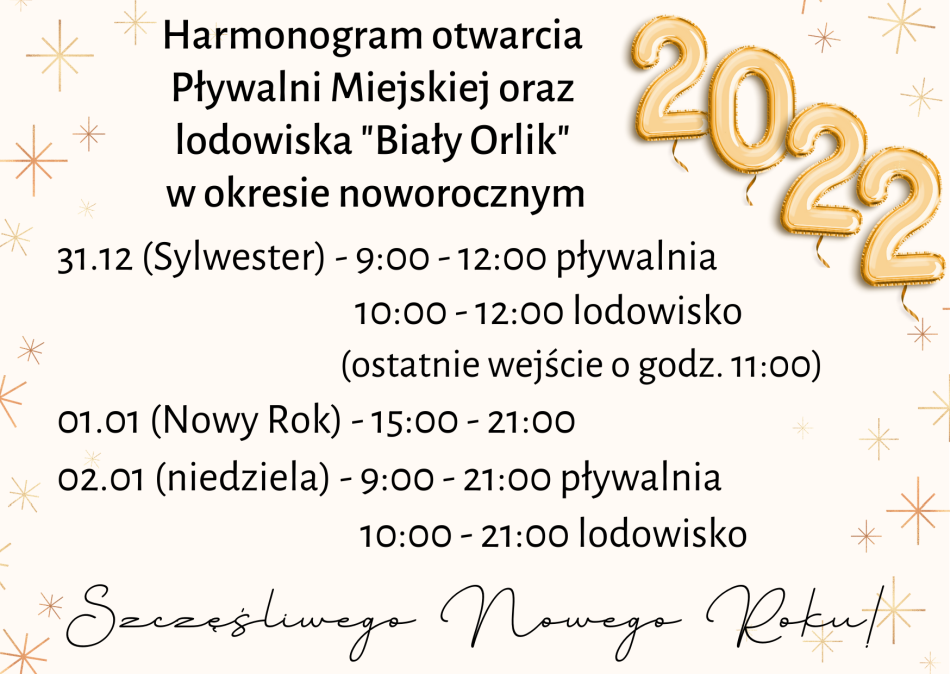 grafika przedstawia harmonogram otwarcia lodowiska i pływalni w Busku-Zdroju w okresie 31.12.2021 - 02.01.2022, działających w ramach BOSiR