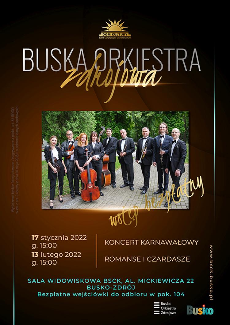 grafika przedstawia zapowiedź koncertów Buskiej Orkiestry Zdrojowej w BSCK w Busku-Zdroju