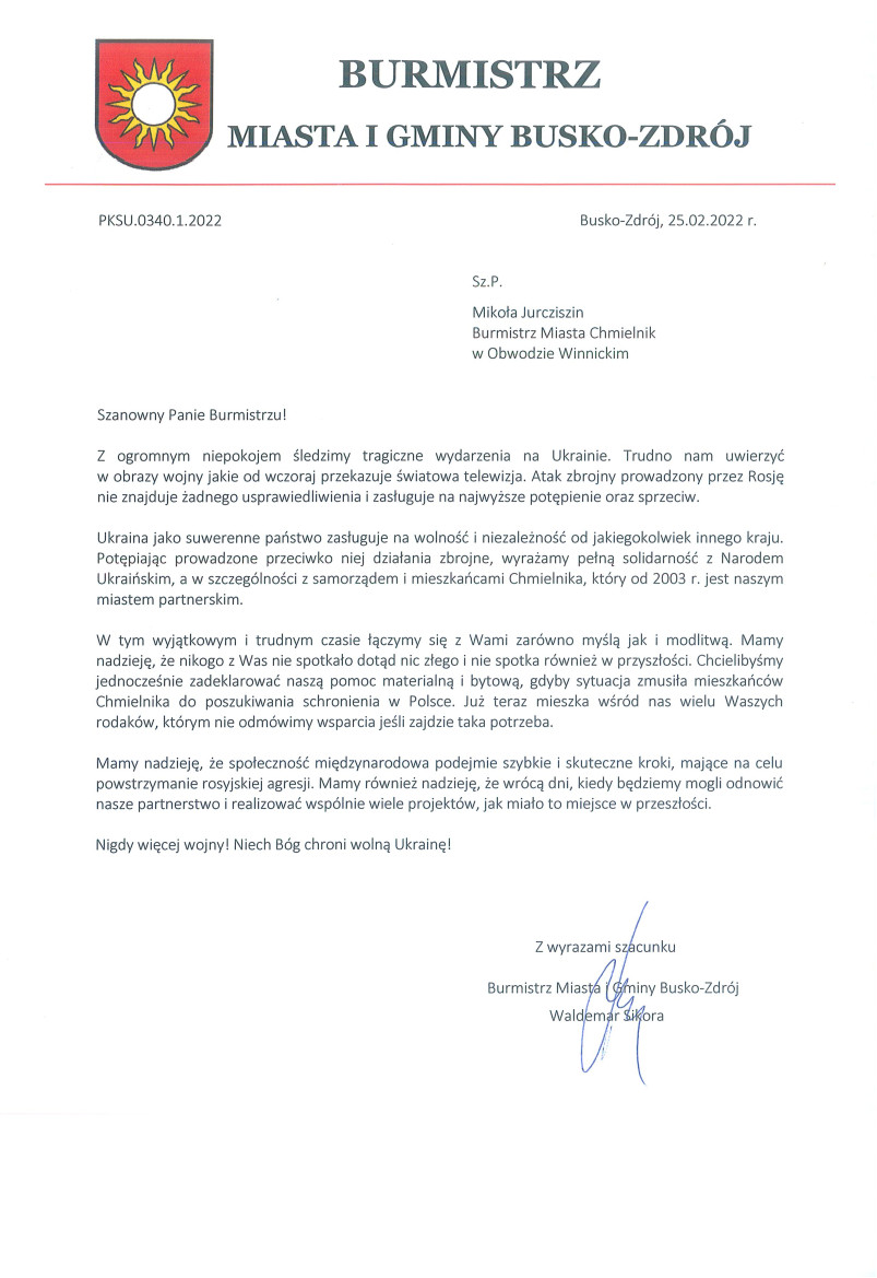 Wyrazy solidarności Burmistrza Waldemara Sikory z partnerskim miastem Buska-Zdroju na Ukrainie