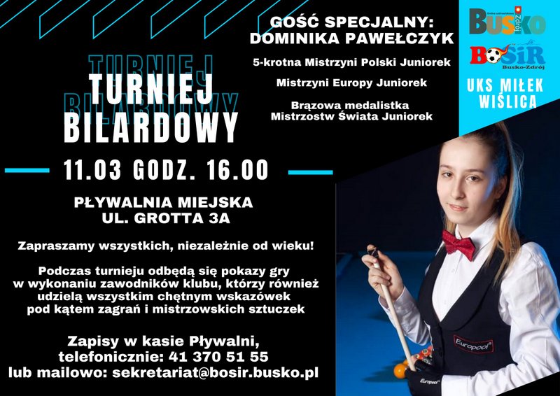 Plakat promujący turniej bilardowy w BOSiR