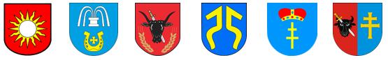 Grafika przedstawia herby gmin -Partnerów Obszaru Strategicznej Interwencji Świętokrzyskie Uzdrowiska