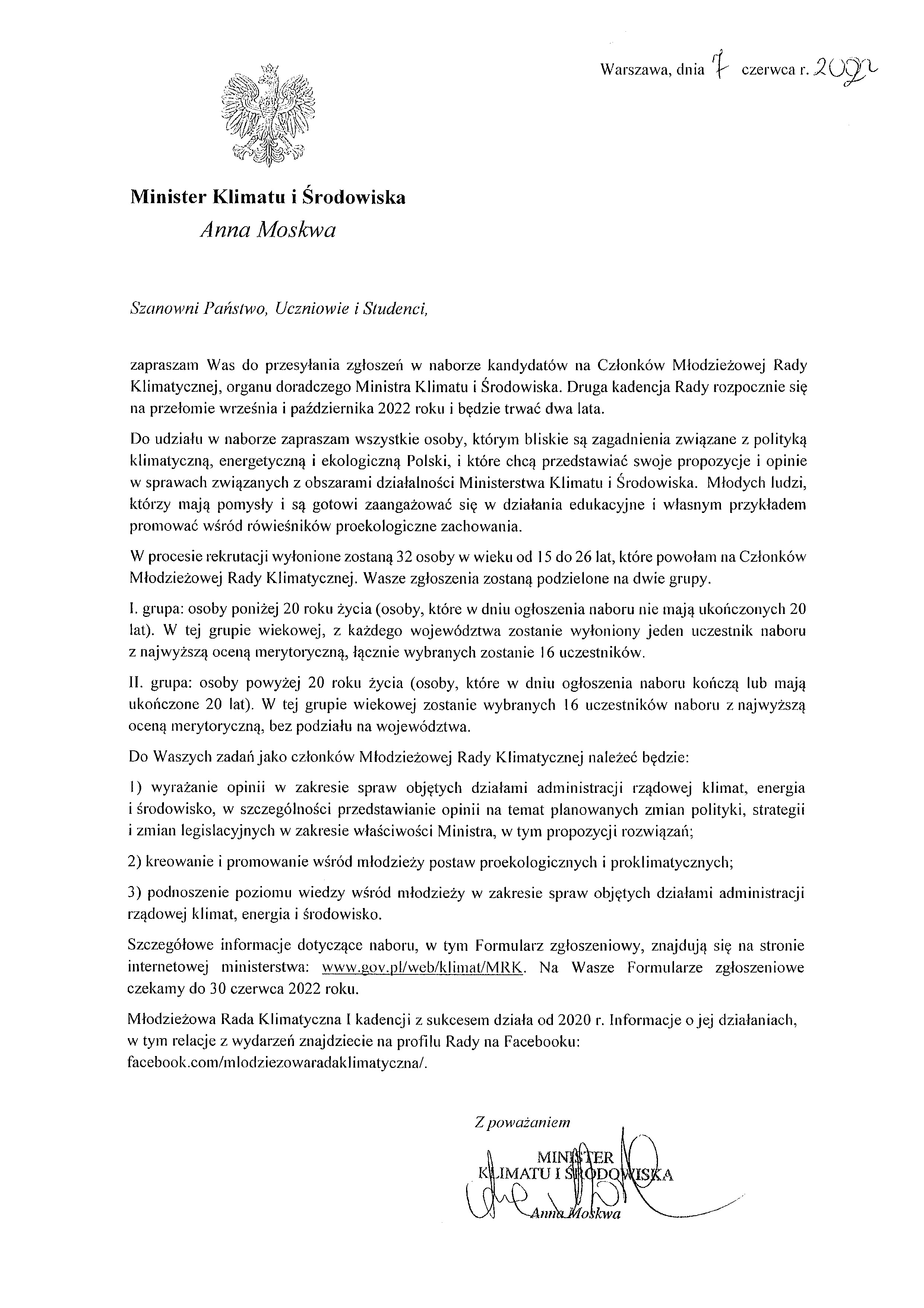 list otwarty Minister Klimatu i Środowiska w sprawie naboru do Młodzieżowej rady Klimatycznej