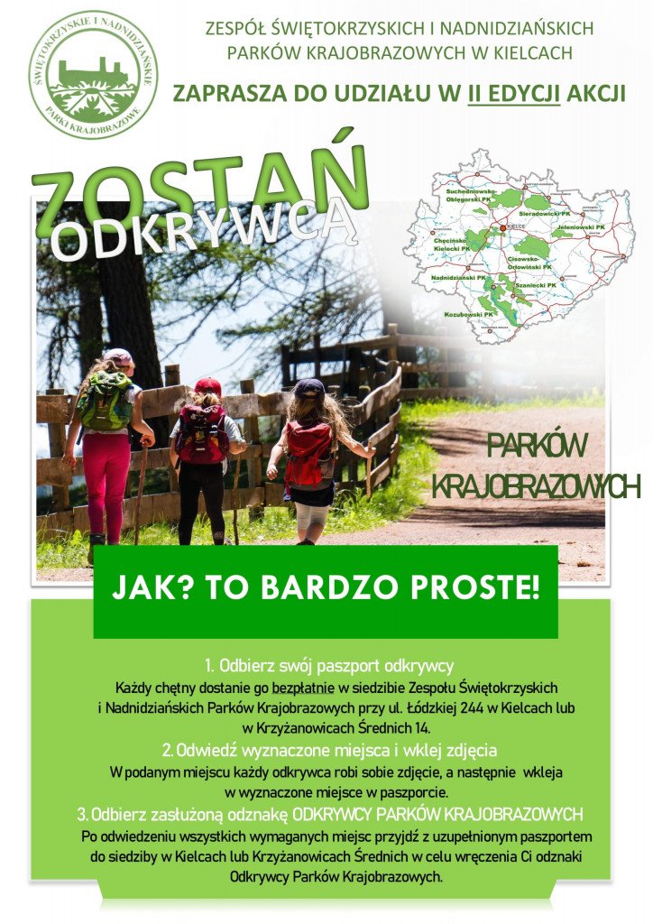 plakat akcji Odkrywca Parków, widok dzieci w plenerze oraz mapa