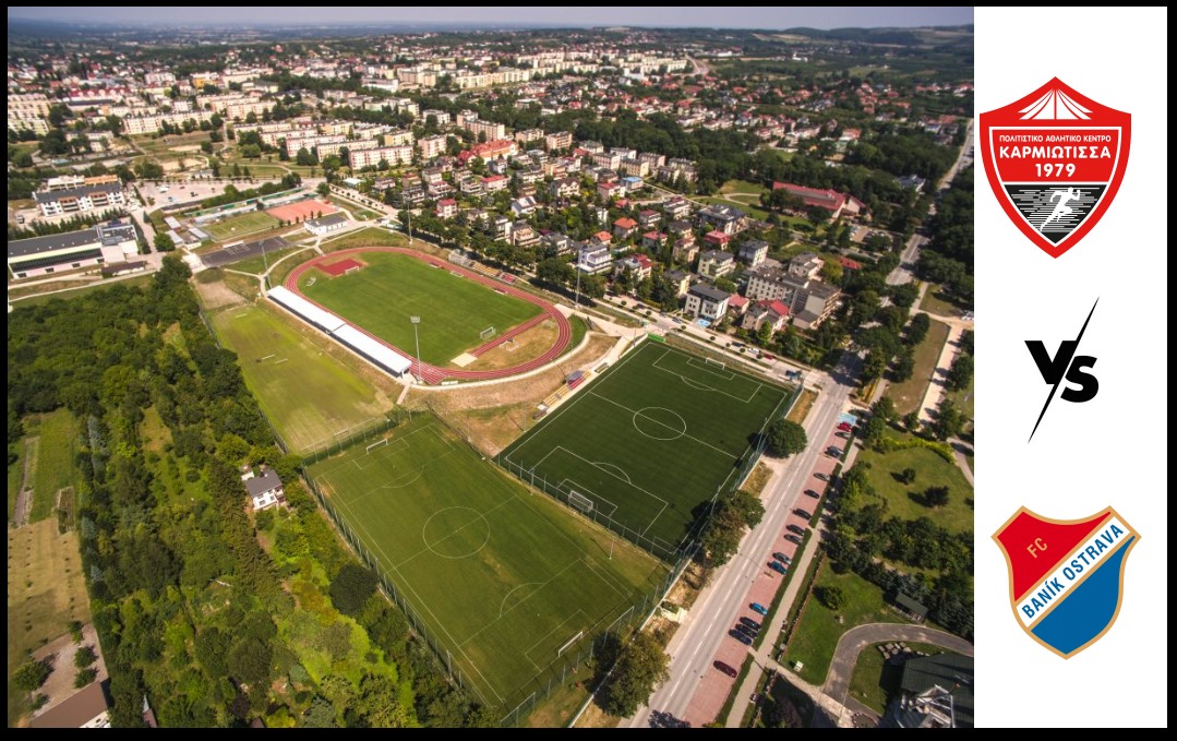 grafika promująca mecz Cypr Czechy. Widok buskiego stadionu z lotu ptaka oraz flagi krajów drużyn