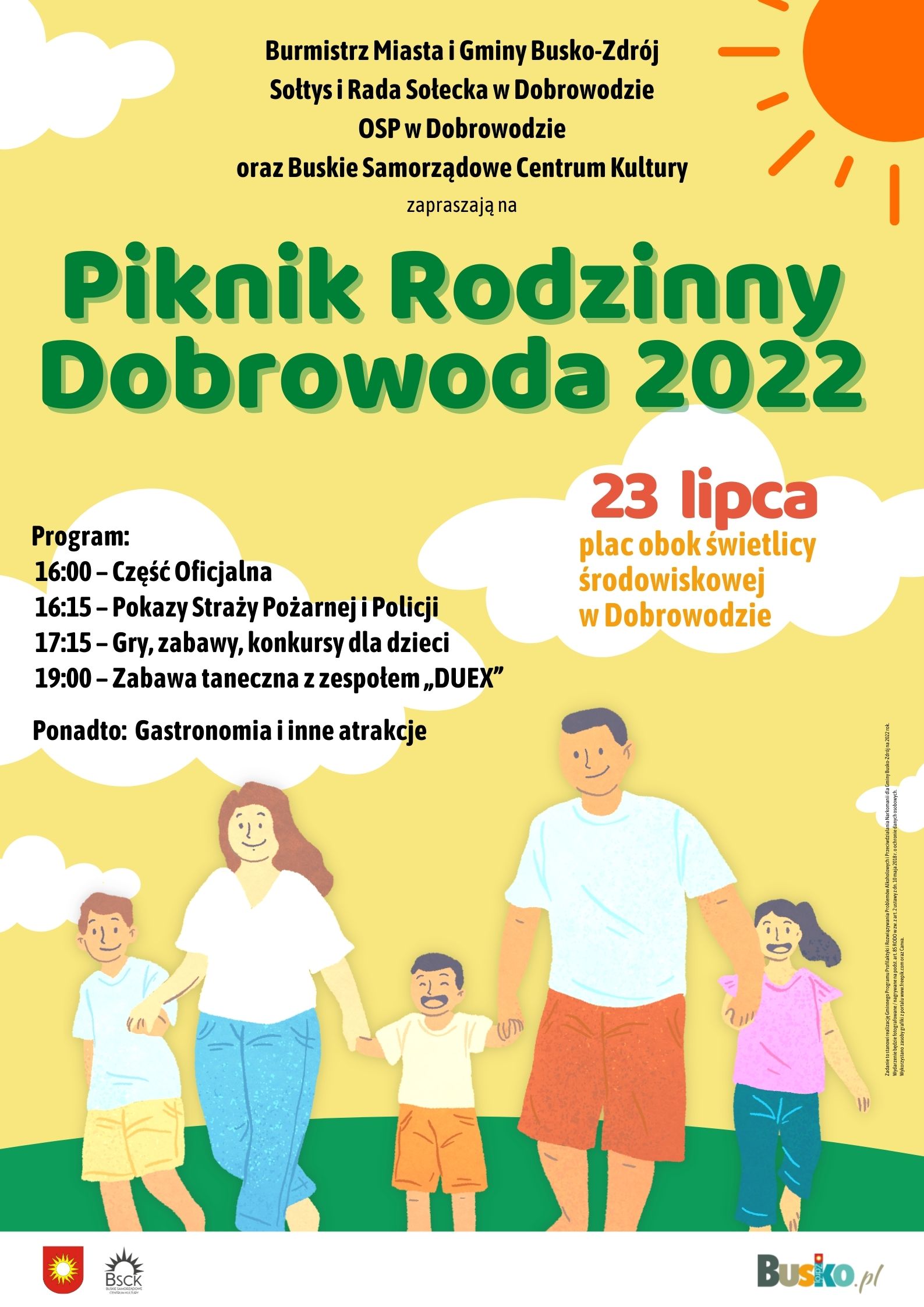 plakat promujący Piknik Rodzinny Dobrowoda, przedstawia kolorową grafikę z rodziną