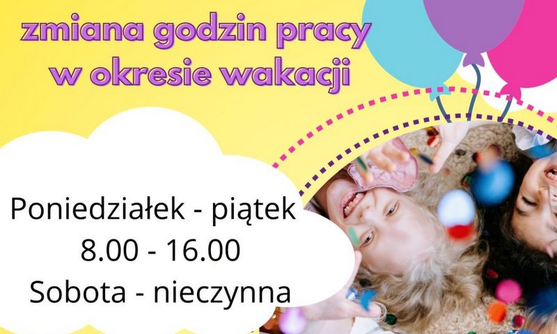 grafika informująca o  zmianie godzin pracy biblioteki