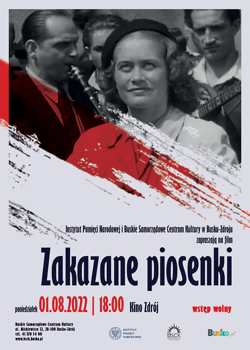 plakat promujący seans filmu Zakazane Piosenki, przedstawia kadr z filmu oraz barwy narodowe Polski
