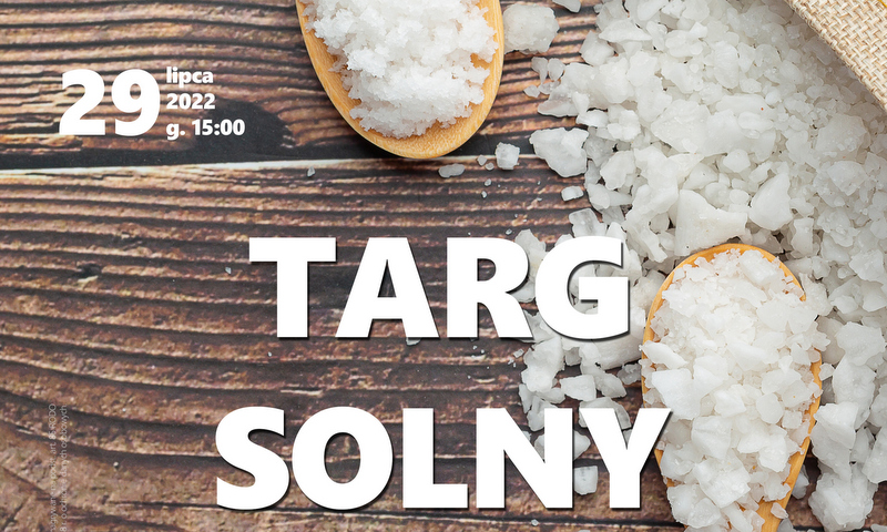plakat promujący targ solny w Busku-Zdroju, drewniane łyżki, sól w kryształach na tle drewna
