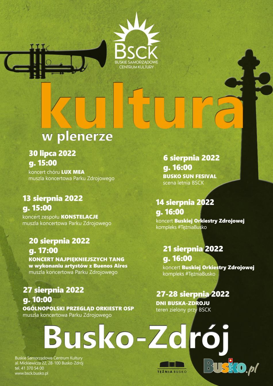 grafika promująca akcję Kultura w plenerze. zielona plansza, kontury instrumentów