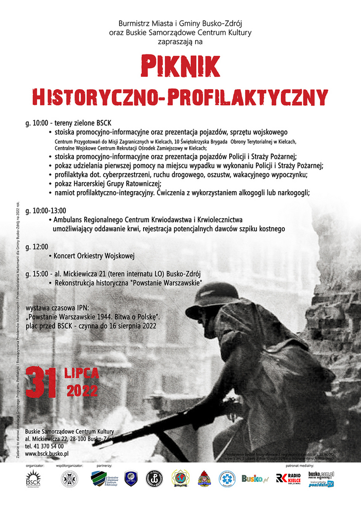 plakat promujący piknik historyczny, obraz powstańca wśród ruin miasta