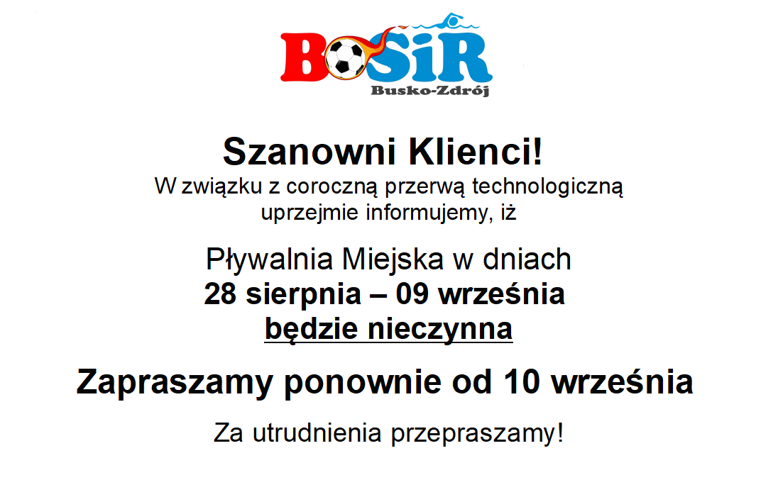 informacja o przerwie technologicznej na basenie