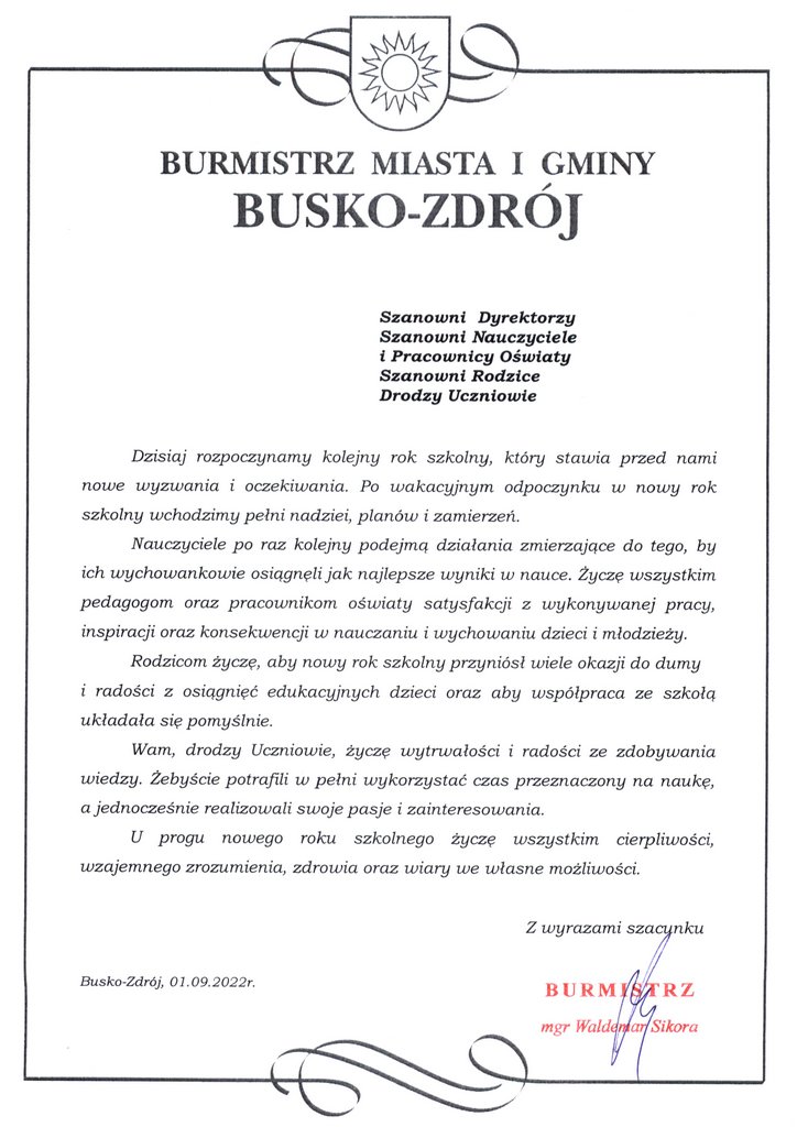 pismo Burmistrza z okazji rozpoczęcia nowego roku szkolnego