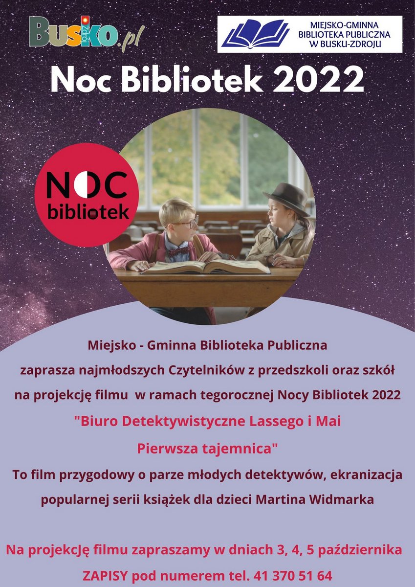 grafika promująca buską Noc Bibliotek 2022