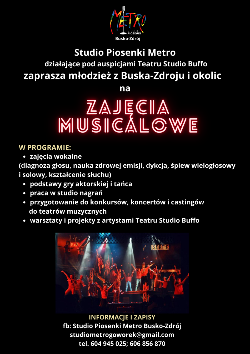 Grafika zapraszająca na zajęcia musicalowe w Busku-Zdroju dla młodzieży