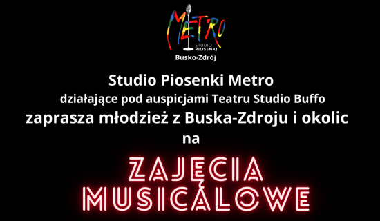 Grafika zapraszająca na zajęcia musicalowe w Busku-Zdroju dla młodzieży