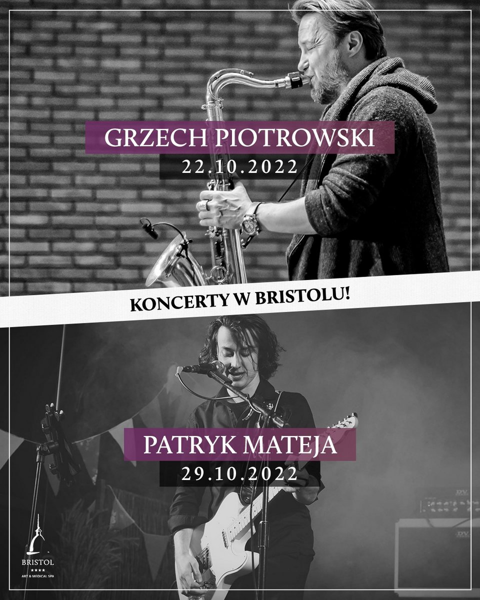 plakat promujący koncerty w hotelu Bristol, przedstawia czarno-białe fotografie artystów