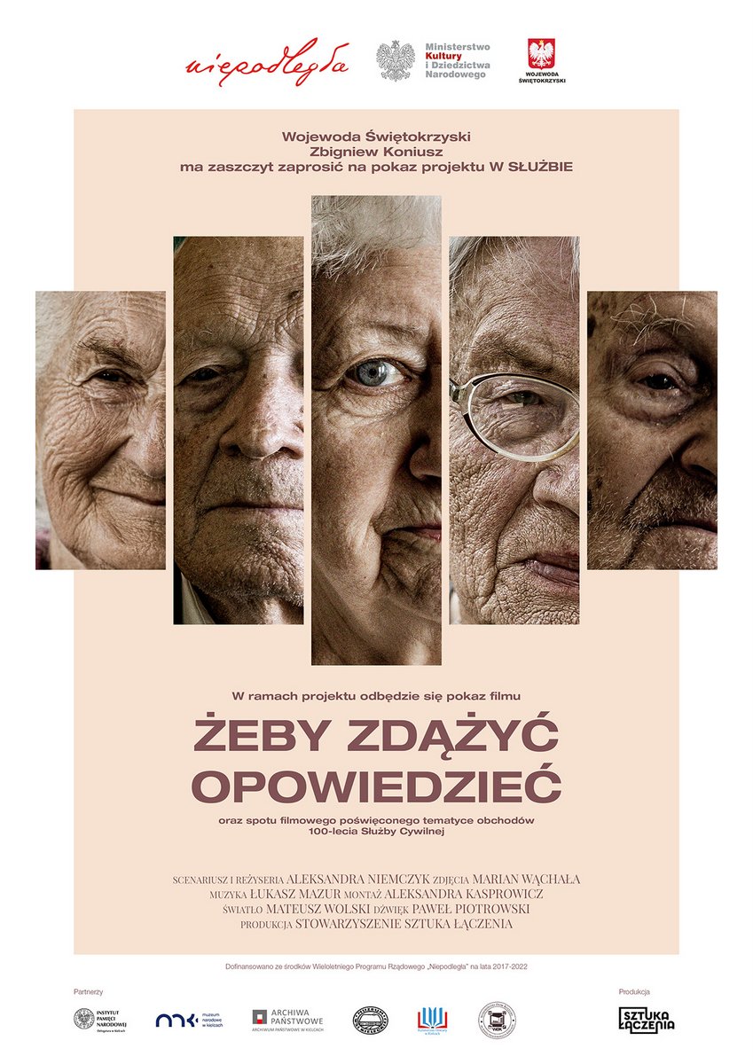 grafika promująca pokaz filmu Żeby zdążyć opowiedzieć, przedstawia kolaż portretów uczestników filmu