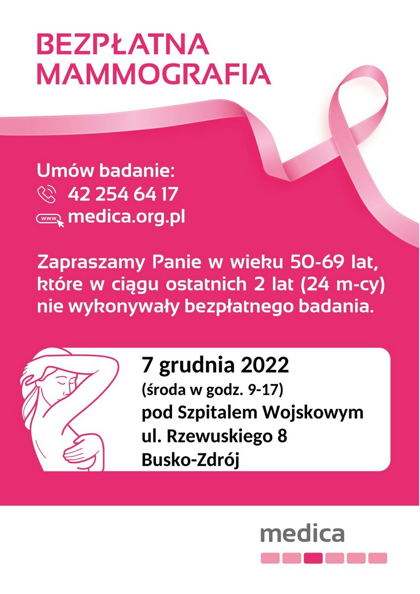 Plakat informujący o bezpłatnych badaniach mammograficznych