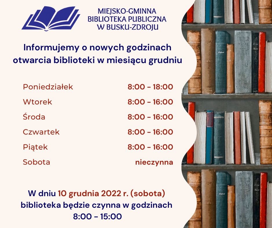 grafika prezentująca godziny otwarcia biblioteki w grudniu