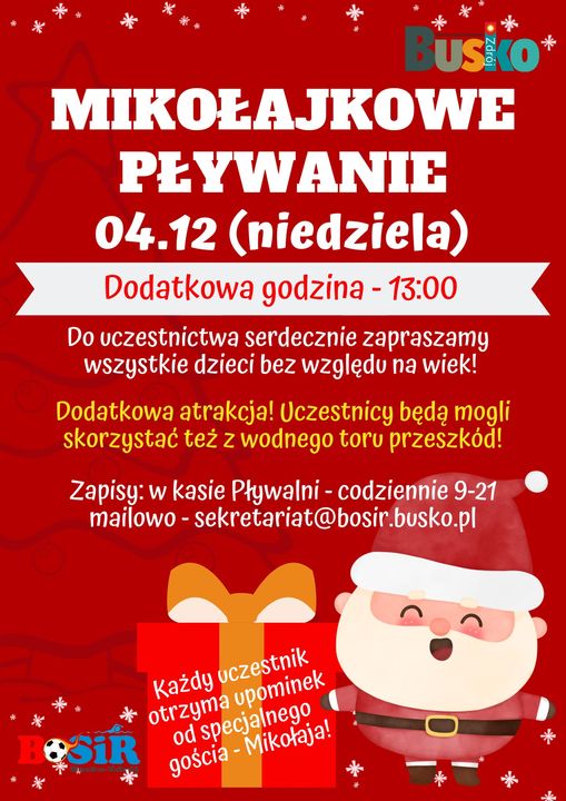 plakat promujący Mikołajkowe Pływanie, przedstawia św. Mikołaja oraz worek z prezentami