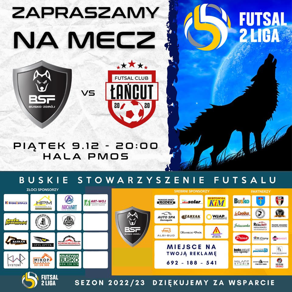 grafika promująca mecz BSF Busko-Zdrój - Futsal Club Łańcut