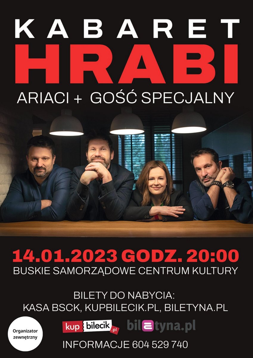 plakat promujący występ Kabaretu Hrabi, zawiera fotografię przedstawiającą wykonawców