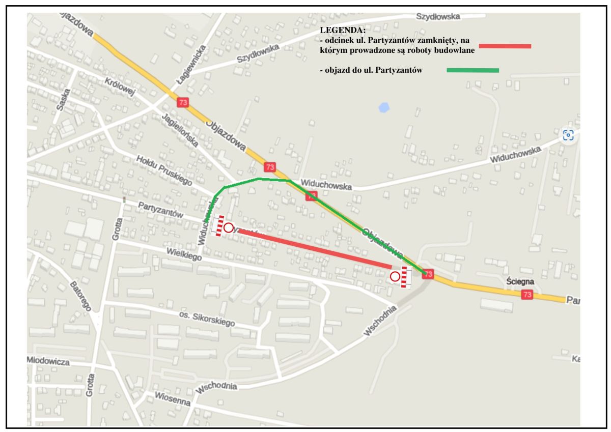 mapka poglądowa przedstawiająca objazd remontowanej ulicy Partyzantów
