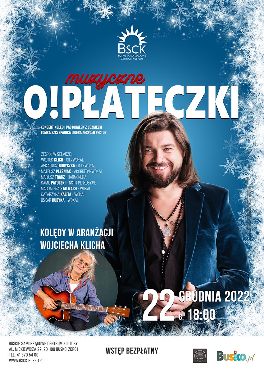 plakat promujący koncert Muzyczne o!płateczki, przedstawia artystów w świątecznej scenerii