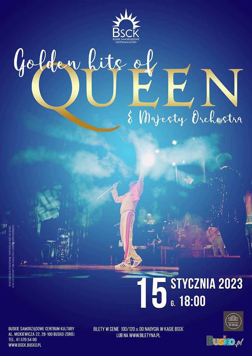 plakat promujący koncert Queen Symfonicznie, przedstawia artystów na scenie