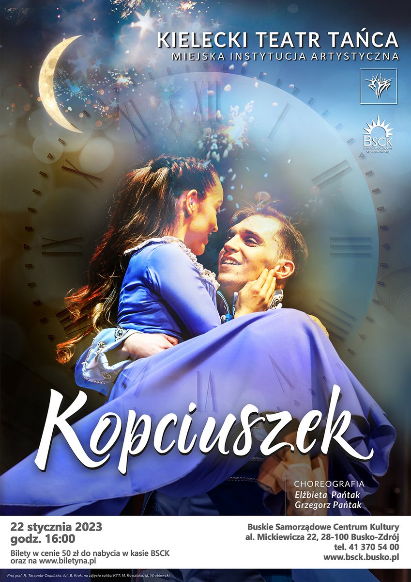 grafika promująca spektakl Kopciuszek, przedstawia parę tancerzy na tle zegara