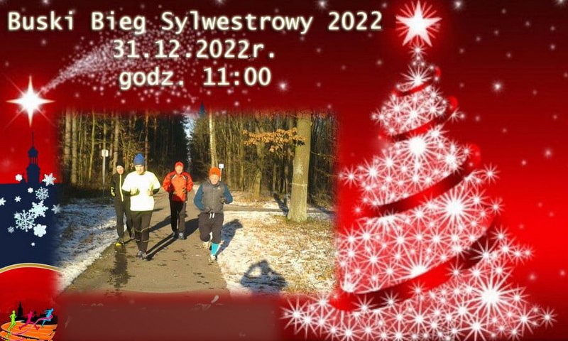 grafika promująca biegi sylwestrowe, zawiera zdjęcie biegaczy oraz elementy świąteczne